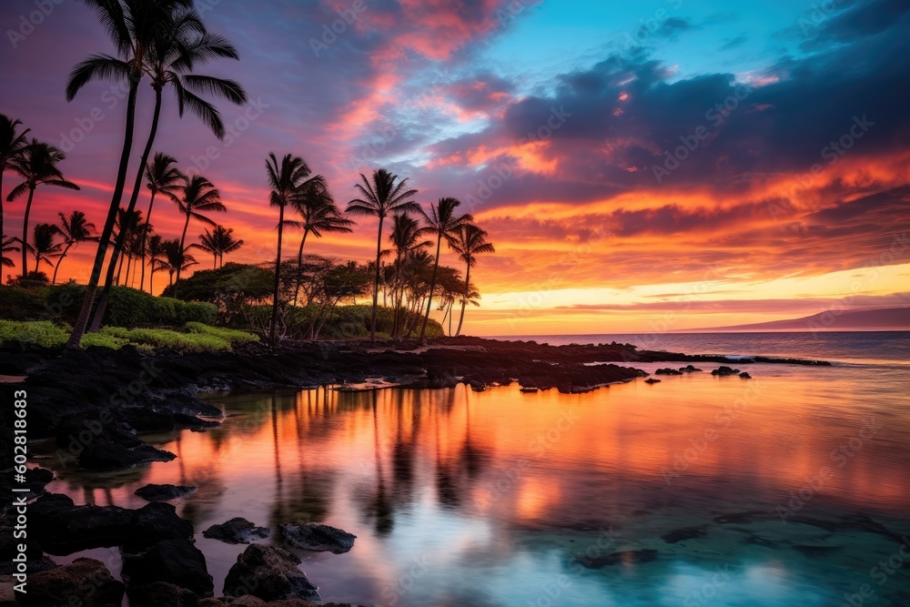 Kapalua Bay Maui Hawaii Bay at Sunset, Coconut Trees in Silhouette against colorful sunset, Stunning Travel Scenic Landscape Wallpaper, Generative AI