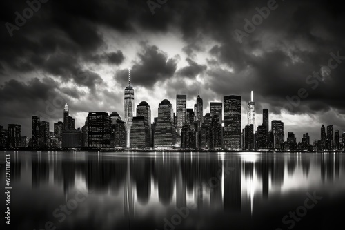 New York City Skyline in Black and White  Lower Manhattan  One World Trade Center  Skyscrapers   Stunning Scenic Landscape Wallpaper  Generative AI