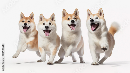 Shiba inu 4 dog smile, runing on white background, Generative ai illustration.