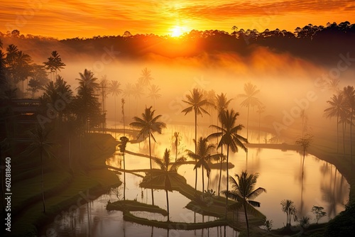 Bali Indonesia rice terraces at sunset in silhouette  Stunning Scenic Seascape Wallpaper  Coral Reef and Marine Life  Generative AI 
