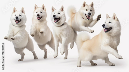 White Shiba inu 5 dog smile, runing on white background, Generative ai illustration.