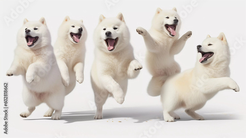 White Shiba inu 5 dog smile, playing on white background, Generative ai illustration.