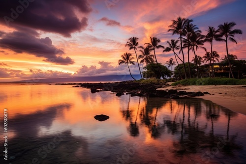 Kapalua Bay Maui Hawaii Bay at Sunset, Coconut Trees in Silhouette against colorful sunset, Stunning Travel Scenic Landscape Wallpaper, Generative AI © Distinctive Images