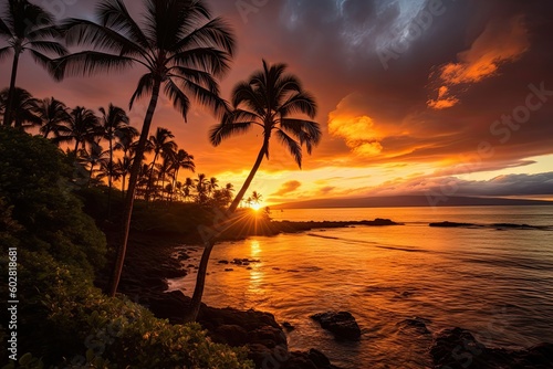Kapalua Bay Maui Hawaii Bay at Sunset  Coconut Trees in Silhouette against colorful sunset  Stunning Travel Scenic Landscape Wallpaper  Generative AI