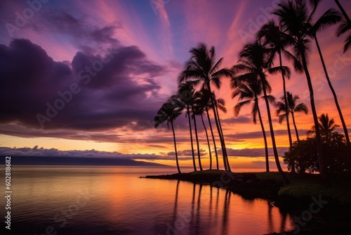 Kapalua Bay Maui Hawaii Bay at Sunset, Coconut Trees in Silhouette against colorful sunset, Stunning Travel Scenic Landscape Wallpaper, Generative AI