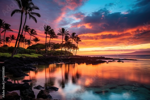 Kapalua Bay Maui Hawaii Bay at Sunset  Coconut Trees in Silhouette against colorful sunset  Stunning Travel Scenic Landscape Wallpaper  Generative AI