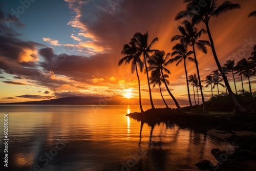 Kapalua Bay Maui Hawaii Bay at Sunset, Coconut Trees in Silhouette against colorful sunset, Stunning Travel Scenic Landscape Wallpaper, Generative AI