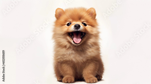 Red pomeranian dog smile, playing in the park, playful on white background, Generative ai illustration., Generative ai illustration.