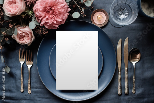 table setting with flowers mockup, wedding invitation, elegant event © dianaorozco