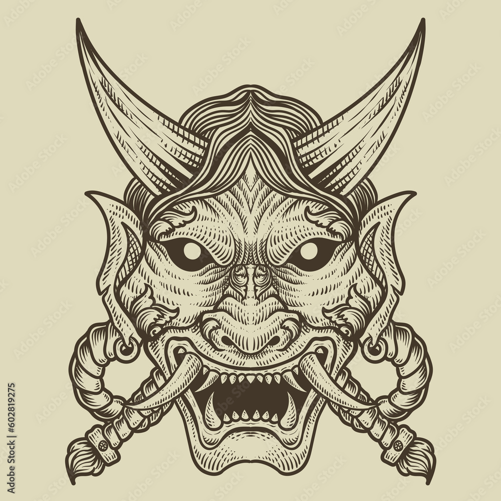 illustration demon mask engraving style on black background illustration demon mask engraving style on black background