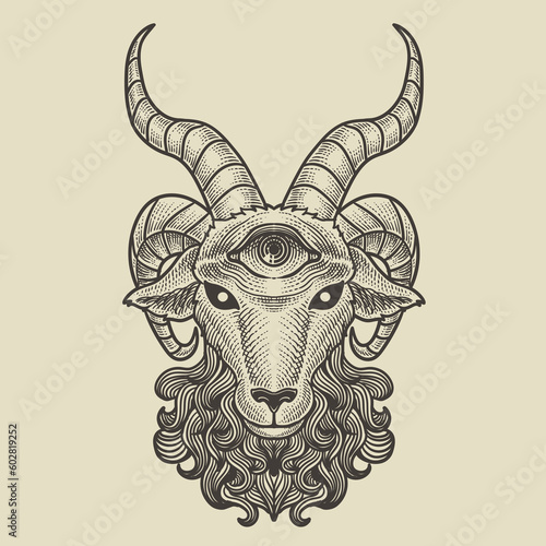 illustration scary goat head engraving style on black background
