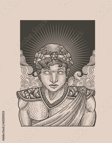 illustration helios god drawings with engraving style
