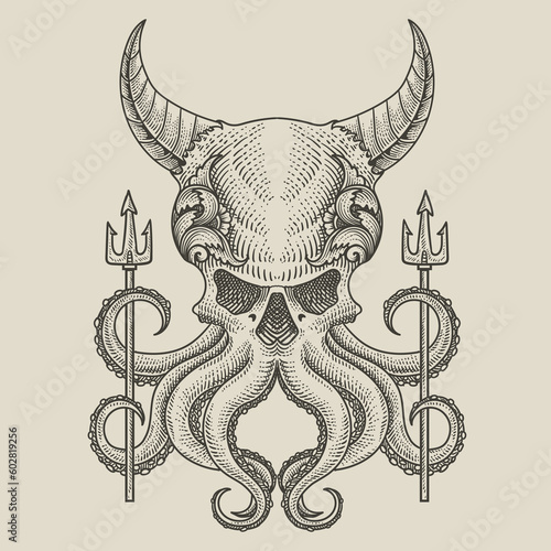 illustration demonic octopus with two trident weapon