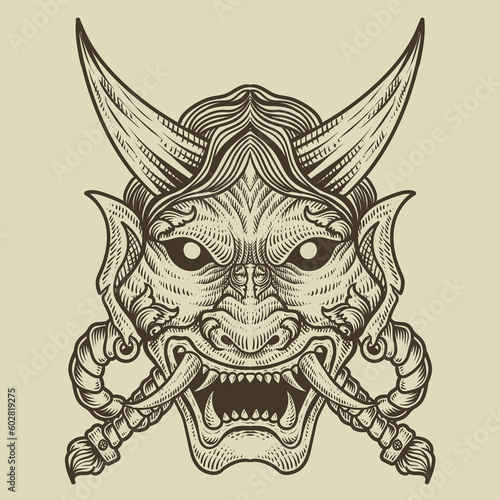illustration demon mask engraving style on black background
