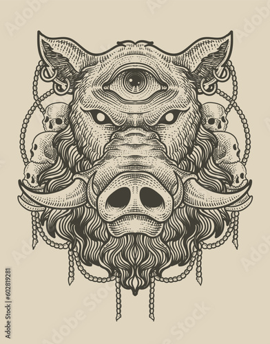 illustration scary wild boar antique engraving style