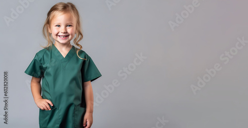 a smiling girl child dressed as nurse's soft solid dark green and grey background ai generative