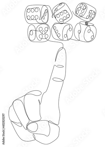 One continuous line of hand with dice. Thin Line Illustration vector concept. Contour Drawing Creative ideas.