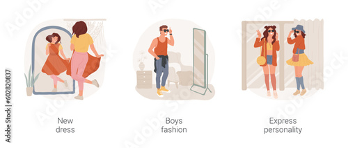Express personality through fashion isolated cartoon vector illustration set. Girl trying on new dress in front of mirror, teenage boy hipster look, happy teens in bright clothes vector cartoon.