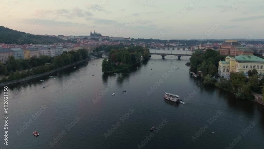 Aerial Drone View Prague Vltava River with Bridges and Castle at Sunset Aerial Drone View Prague Vltava River with Bridges and Castle at Sunset