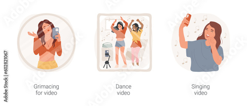 Friendship videos isolated cartoon vector illustration set. Grimacing for camera, making funny faces, filming dance video, teen girls singing with clenched fist like microphone vector cartoon.