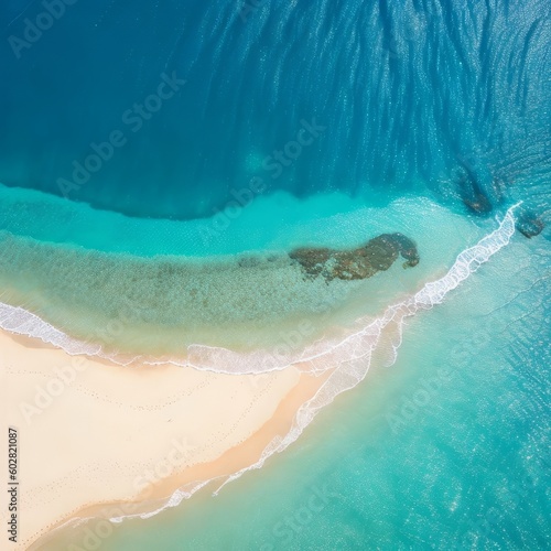  Aerial top-down view of beach and sea with blue water