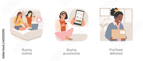Online shopping isolated cartoon vector illustration set. Girls choose clothes on website, teen shopping, buying colorful accessories, holding parcel delivered to apartment vector cartoon.