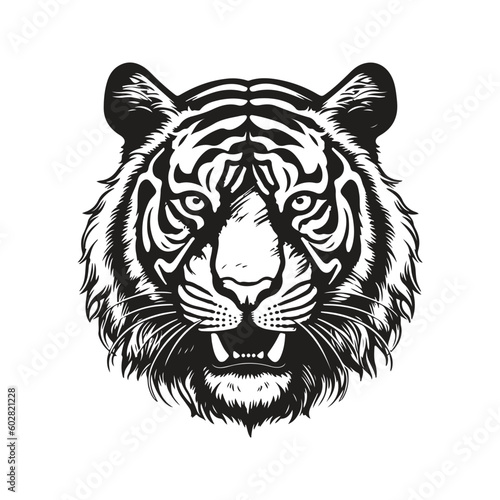 tiger, vintage logo line art concept black and white color, hand drawn illustration