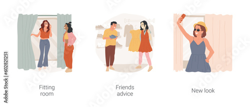 Shopping for clothes isolated cartoon vector illustration set. Teenage girl looking in fitting room mirror, asking friends advice about new dress, taking selfie in store, new look vector cartoon.