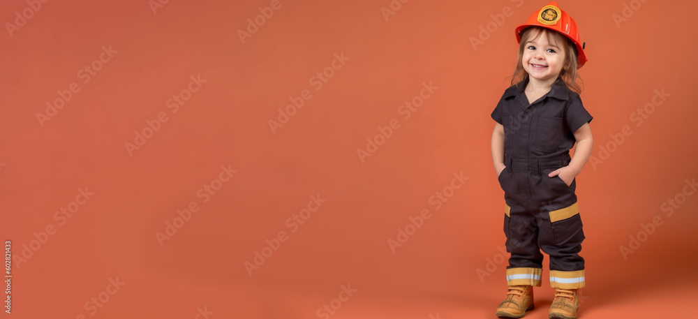 a smiling girl child dressed as a fire fighter's soft solid orange background ai generative a smiling girl child dressed as a fire fighter's soft solid orange background ai generative