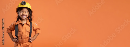 a smiling girl child dressed as a fire fighter's soft solid orange background ai generative