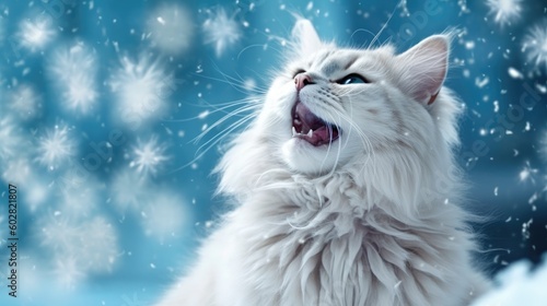 The white cat yawns with his mouth open on a blue background. Generative AI.