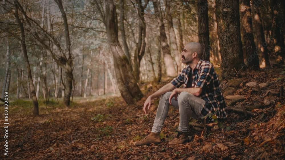 Young hipster in blue shirt sits on wooden stair in forest. He marvels at nature’s beauty. Warm and relaxing clip. Young hipster in blue shirt sits on wooden stair in forest. He marvels at nature’s beauty. Warm and relaxing clip.