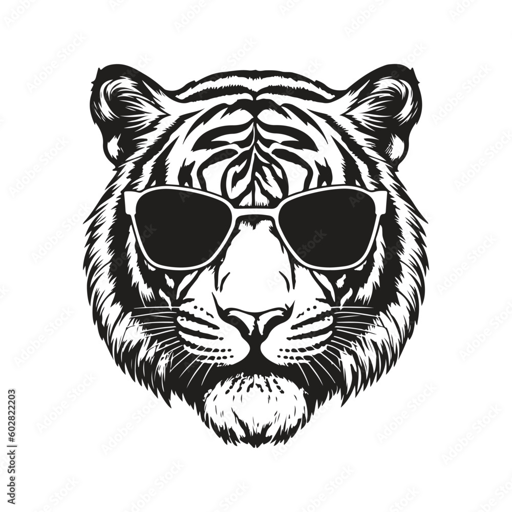 tiger head wearing sunglasses, vintage logo line art concept black and white color, hand drawn illustration