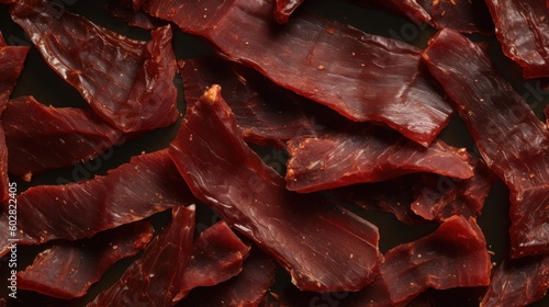 Delicious Beef Jerky Meat Product Photorealistic Horizontal Background. Savory Food, Gourmet Appetizer. Ai Generated Hyperrealistic Background with Delicious Deli Beef Jerky Meat Generative AI