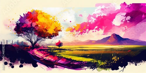 Landscape in autumn season. Bright landscape painting. Digital painting in watercolor style. Created by Generative AI