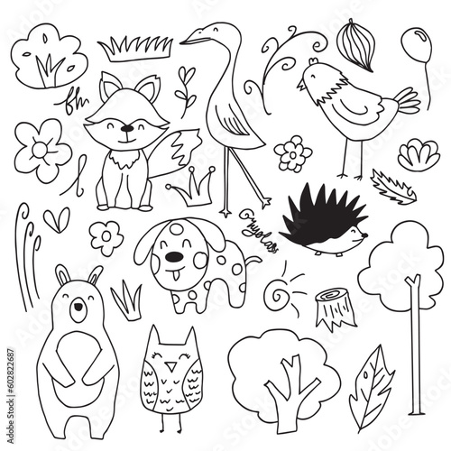 Set of hand drawn kawaii animal isolated on white background