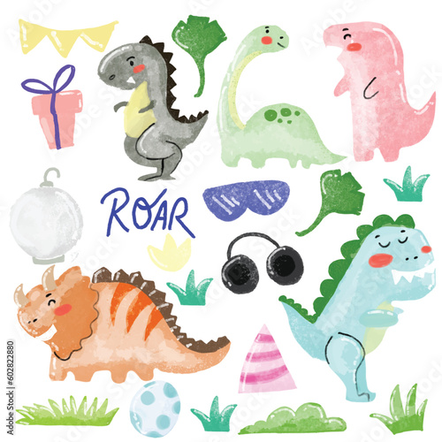 set watercolor dinosaurus jurassic park isolated on white background. prehistoric animals and plants