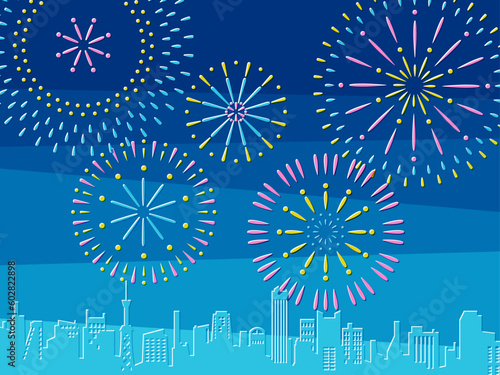 街並みの打ち上げ花火の背景1a