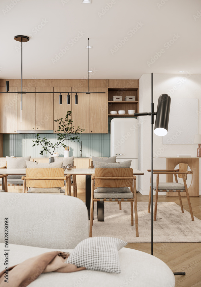 Japandi style apartment room interior design and decoration with built ...