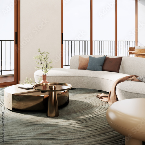 Fototapeta Naklejka Na Ścianę i Meble -  Modern style living room interior decoration with curve shape sofa, coffee table on grey carpet. 3d rendering mockup apartment room shot close-up 