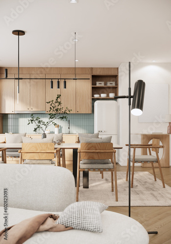 Japandi style apartment room interior design and decoration with built in kitchen counter and cabinets, dining table and chairs. 3d rendering modern room with balcony