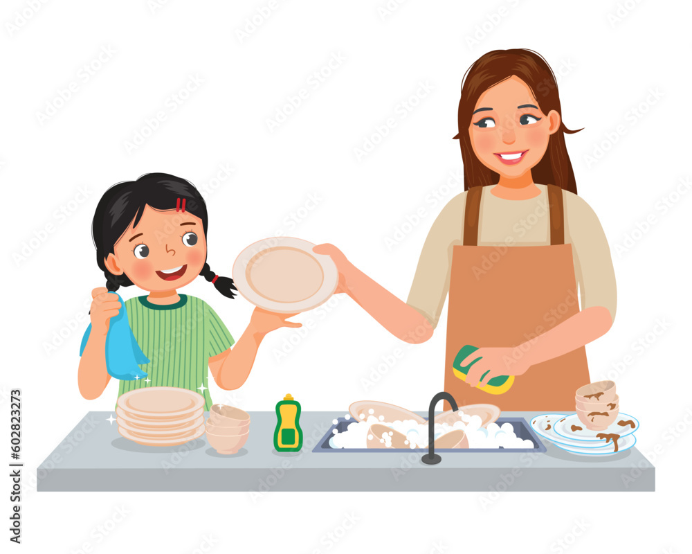 Cute little girl helping mother washing dishes in the kitchen doing housework chores at home Cute little girl helping mother washing dishes in the kitchen doing housework chores at home