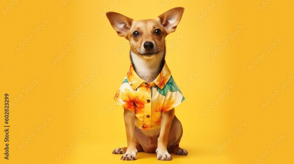 Portrait of a dog in a Hawaiian shirt on a yellow background. Concept of summer, vacation, travel. Generative AI.