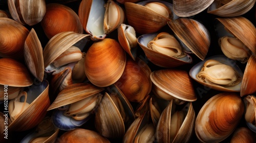 Fresh Organic Clams Photorealistic Horizontal Background. Healthy Seafood Diet. Ai Generated Hyperrealistic Background with Delicious Gourmet Clams. Generative AI