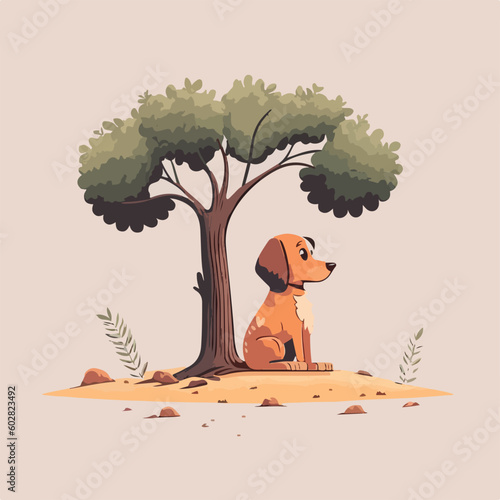 dog sitting under tree