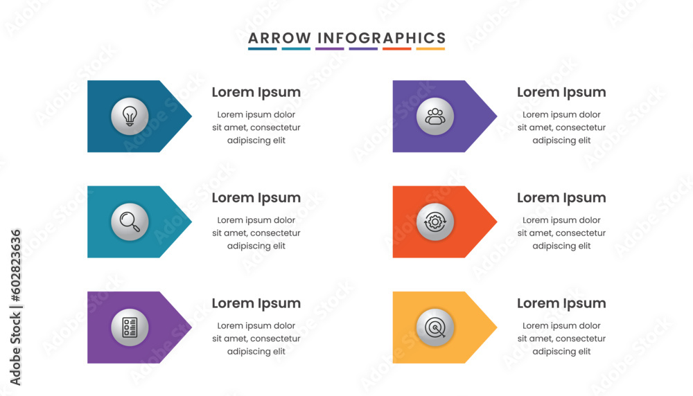 Simple arrows infographic template with six step and icons.