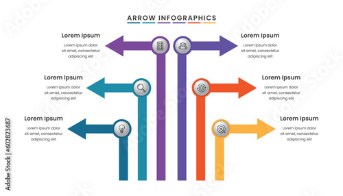 Six arrows business infographic template with six options or steps and icons.