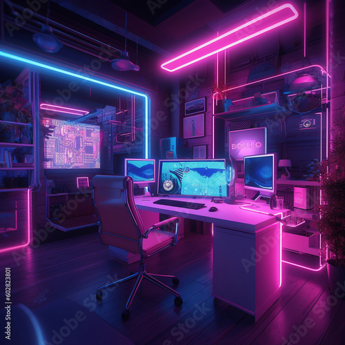 Glowing Hubs: Step into the Futuristic Neon-Infused Computer Office