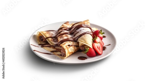 001_A plate of crepes with fresh fruit and Nutella spread, on a white background, Generative AI photo