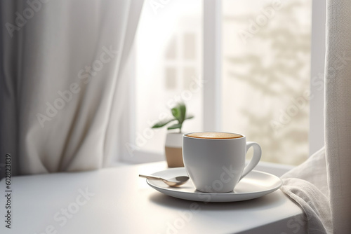 a Cup of Hot Coffee on White Table with Modern Aesthetic Room and Minimalist